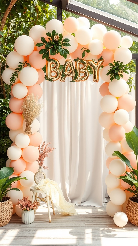 A vintage-inspired balloon arch decorated with peach and white balloons, featuring a 'BABY' banner and greenery.