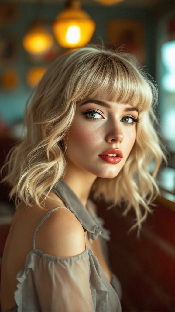 Woman with blonde hair and bangs, styled in soft waves, showcasing a vintage-inspired look.