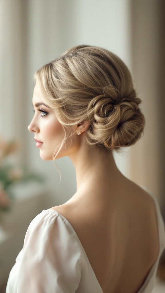 A side view of a bride with a vintage inspired chignon bun hairstyle, showcasing elegant soft waves and a romantic look.