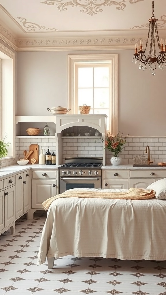 A vintage-inspired kitchen featuring soft neutral colors, elegant ceiling design, and natural elements.