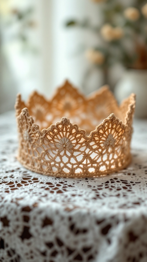 Vintage inspired crochet crown on a lace tablecloth