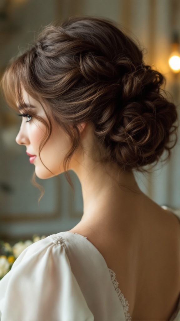 A profile view of a woman with a vintage inspired curly chignon hairstyle, showcasing soft curls and wisps framing her face.