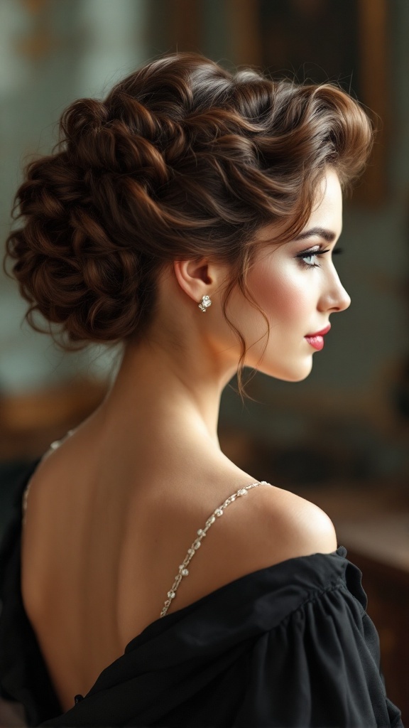 Vintage inspired curly updo hairstyle on a woman wearing a black dress