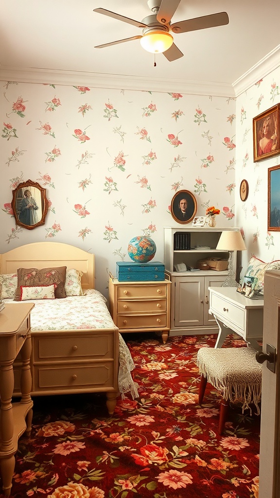 A vintage-inspired teen girl's bedroom featuring floral wallpaper, a cozy bed, wooden furniture, and vintage decor.