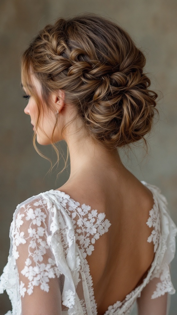 A woman with a vintage inspired half up fishtail braid hairstyle, showcasing intricate braiding and soft wavy hair.