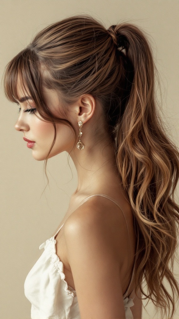 A side profile of a woman with a vintage inspired half up half down ponytail, showcasing flowing waves and statement earrings.