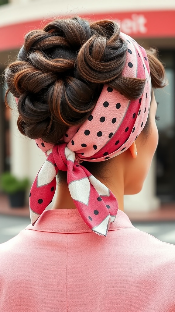 A woman with a vintage inspired headscarf updo, featuring a polka dot scarf and a stylish bun.