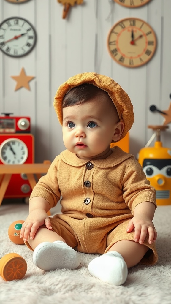 A baby in a vintage-inspired outfit with a cap, sitting on a fluffy rug surrounded by colorful, retro toys.