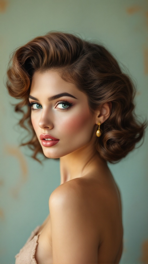 A model with vintage inspired pin-up curls, showcasing a glamorous hairstyle with soft, defined waves and elegant makeup.