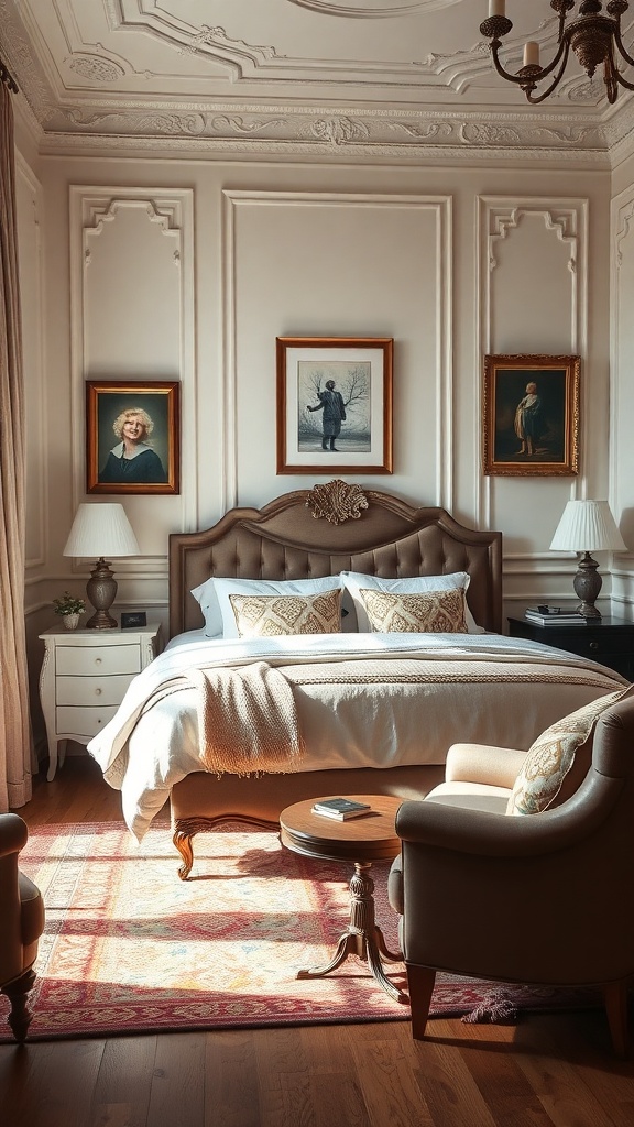 A vintage inspired living room with intricate wainscoting, elegant furniture, and framed portraits.
