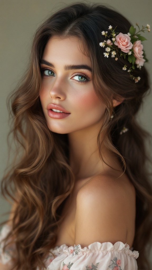 A woman with vintage inspired waves adorned with garden flowers in her hair.