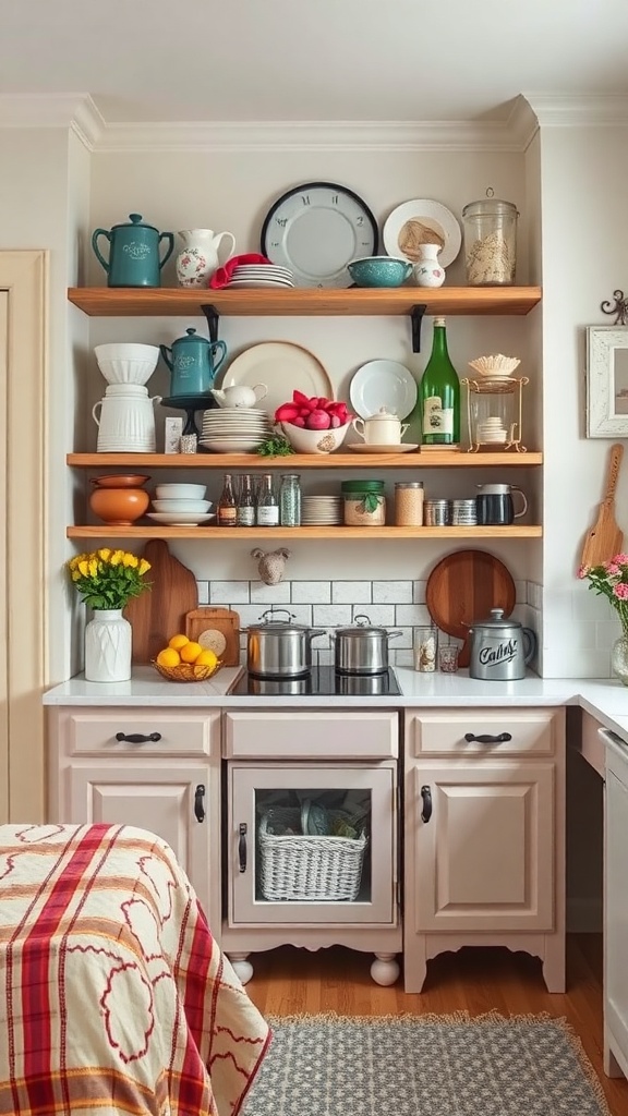 A cozy kitchen with vintage kitchenware displayed on wooden shelves and a countertop.