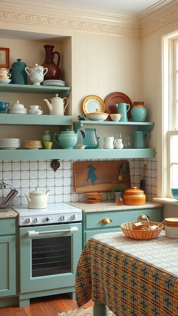 A vintage kitchen display featuring colorful kitchenware on open shelves, with a cozy atmosphere.