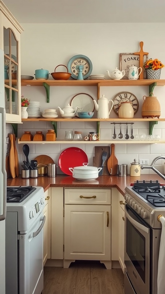 A cozy vintage kitchen with colorful dishes and teapots on wooden shelves.
