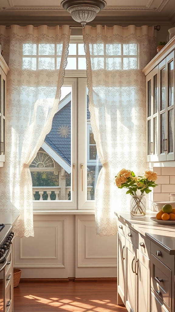 A bright kitchen with vintage lace curtains and fresh flowers on the countertop.
