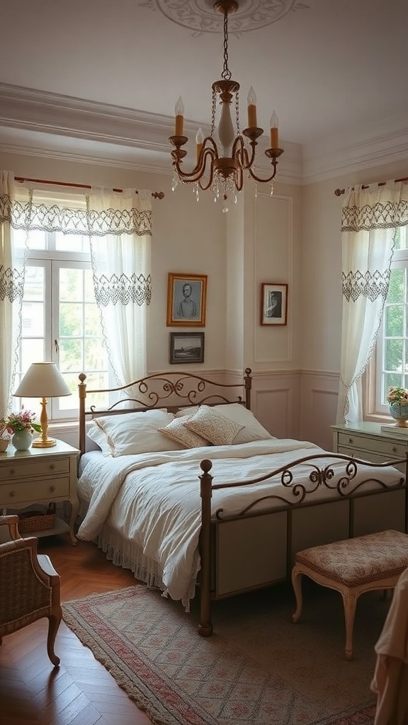 A cozy bedroom featuring vintage lace curtains, an ornate bed frame, and classic furniture.