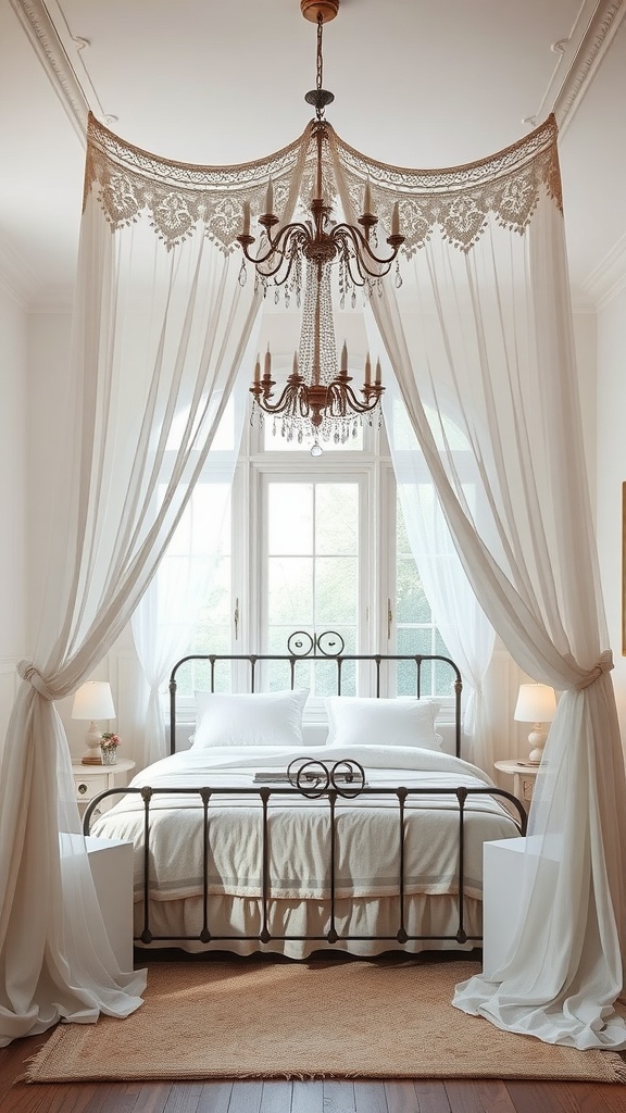 A cozy bedroom featuring vintage lace canopy drapes above a bed with a simple iron frame, complemented by a chandelier and warm bedside lighting.