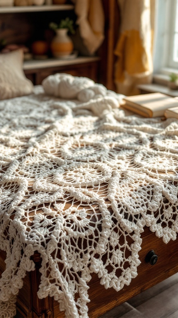 A vintage lace crochet bedspread draped over a wooden table, with sunlight illuminating its intricate patterns.