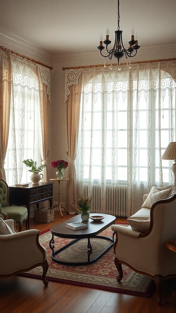A cozy living room featuring vintage lace curtains, a chandelier, and elegant furniture.