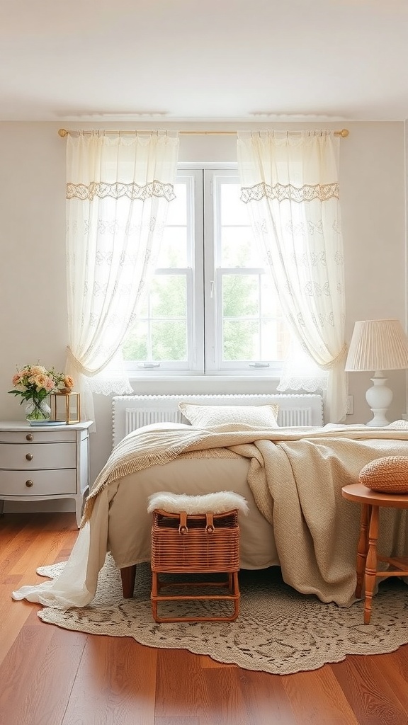 A cozy bedroom featuring vintage lace curtains, a wooden floor, and soft bedding.