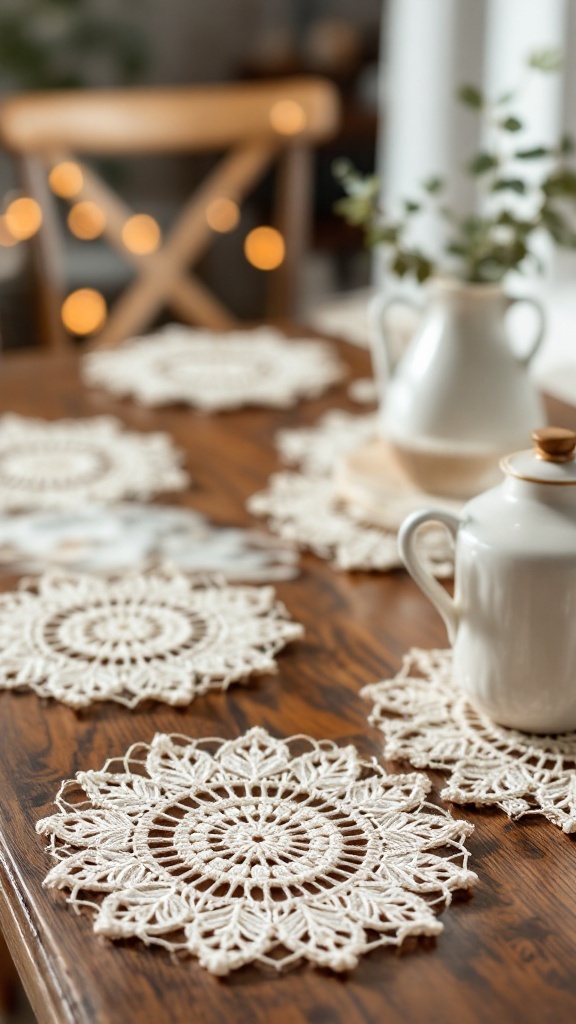 A table with vintage lace coasters and a white teapot, creating a cozy atmosphere.