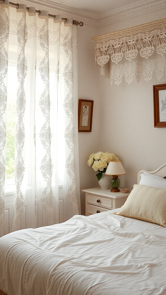 A cozy bedroom featuring vintage lace curtains, a neatly made bed, and soft lighting.