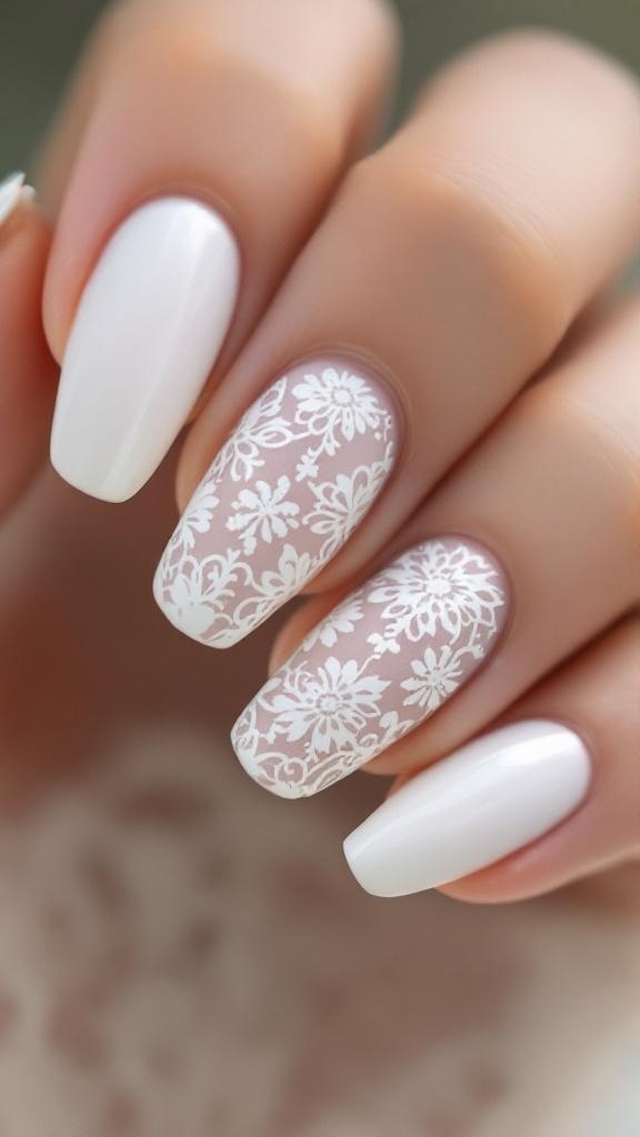 Close-up of a woman's hand showcasing vintage lace nail art with a neutral background.