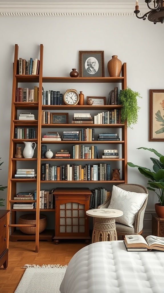 A vintage ladder bookshelf filled with books and decorative items, next to a cozy chair.