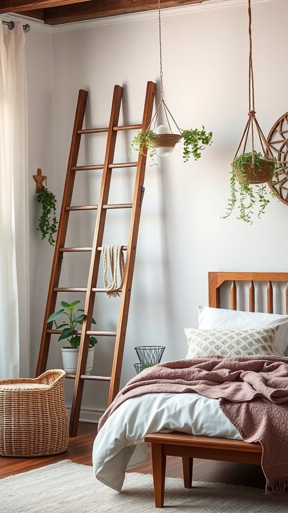 A vintage wooden ladder used as decor in a cozy bedroom, surrounded by plants and soft textiles.