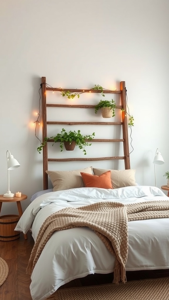 A vintage wooden ladder used as a headboard, decorated with plants and fairy lights in a cozy bedroom.