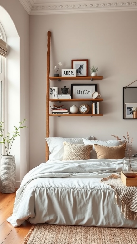 A vintage wooden ladder shelf with decorative items in a cozy bedroom setting.