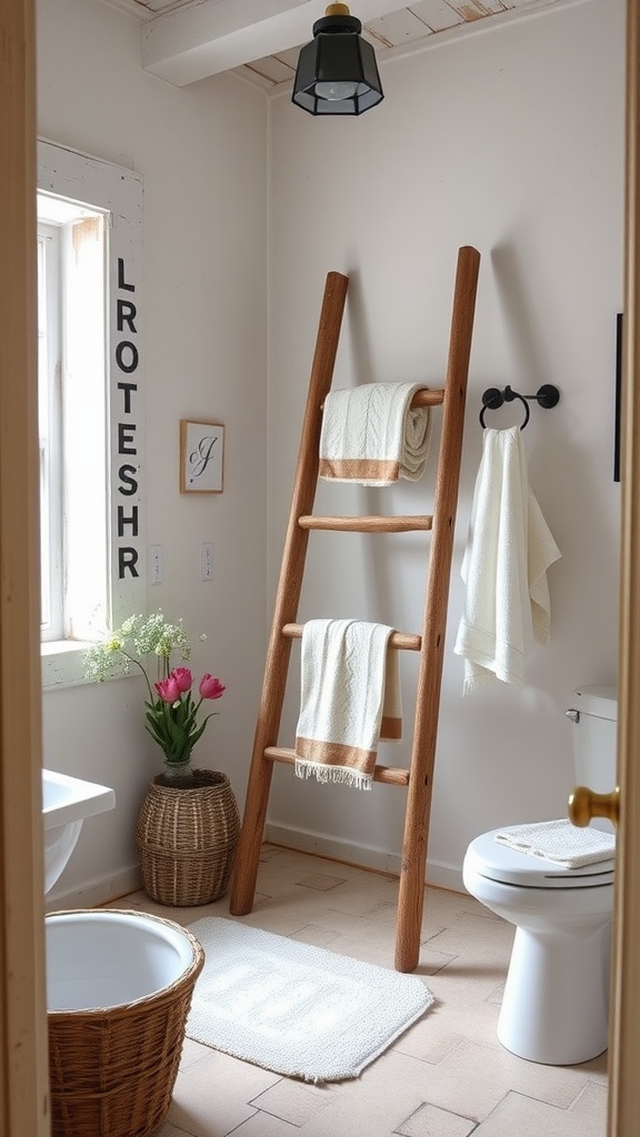 A rustic bathroom featuring a vintage ladder towel rack with soft towels and a cozy decor.
