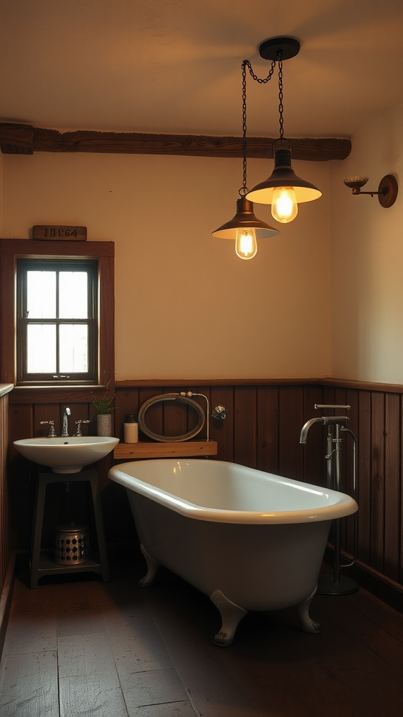 A rustic bathroom featuring vintage lighting fixtures over a clawfoot bathtub, with warm glowing bulbs.