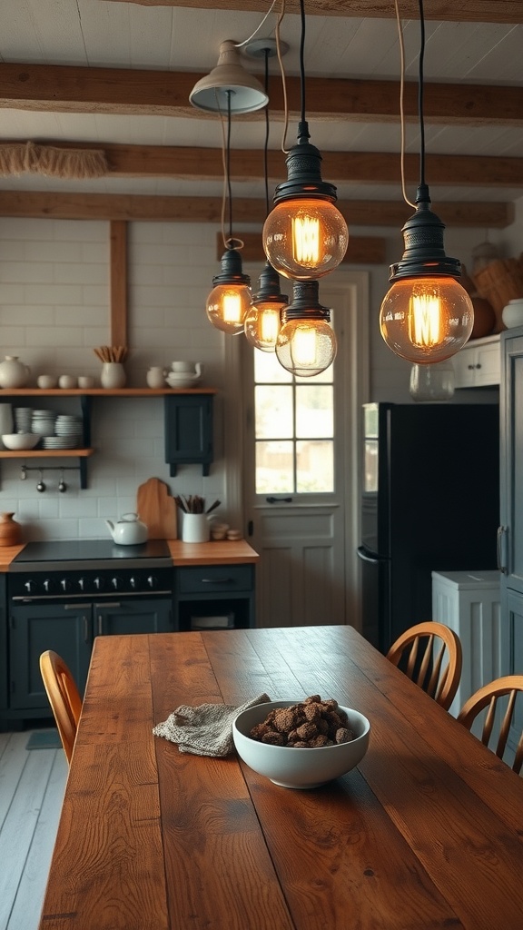 A cozy farmhouse kitchen with vintage lighting fixtures hanging above a wooden table.