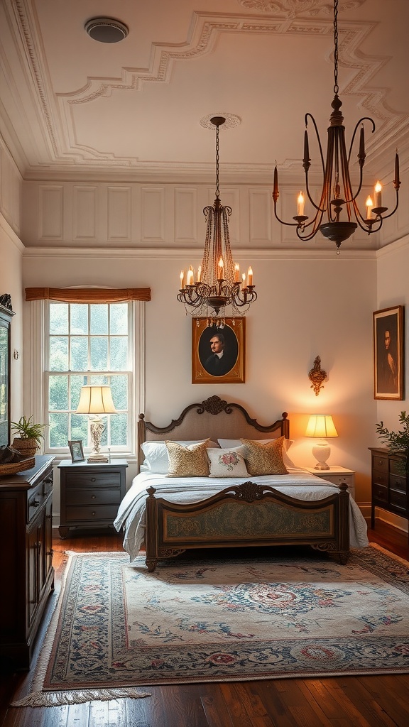 A vintage bedroom featuring a chandelier and table lamps, creating a warm and inviting atmosphere.