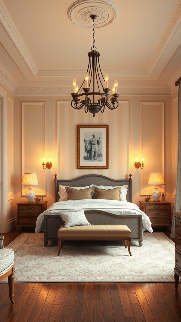 A vintage chandelier and wall sconces in a traditional living room setting.