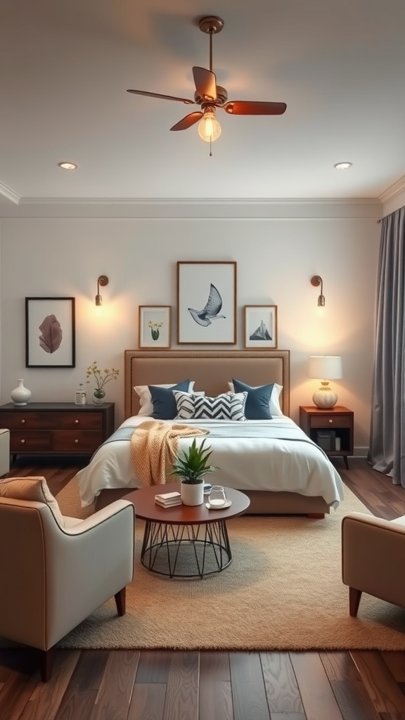 A cozy living room with vintage lighting fixtures, including a ceiling fan with an exposed bulb and wall sconces.