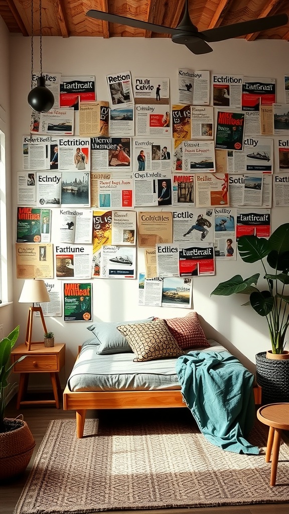 A cozy room with a wall covered in vintage magazine cutouts, featuring a bed, side tables, and plants.