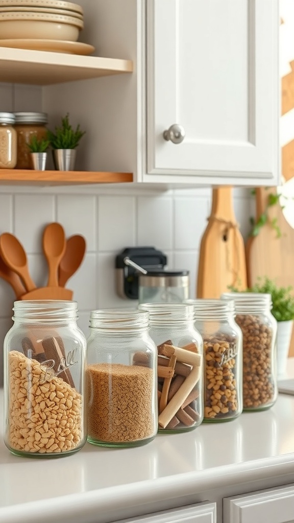 A row of vintage mason jars filled with various ingredients on a kitchen counter.
