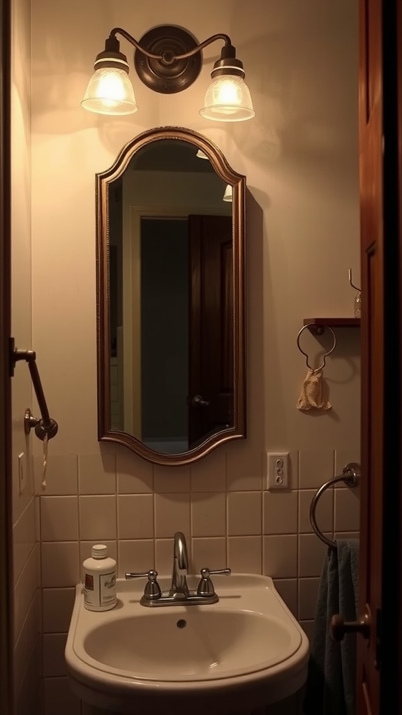 A rustic bathroom featuring a vintage mirror and warm lighting, with a sink and towel hanging nearby.