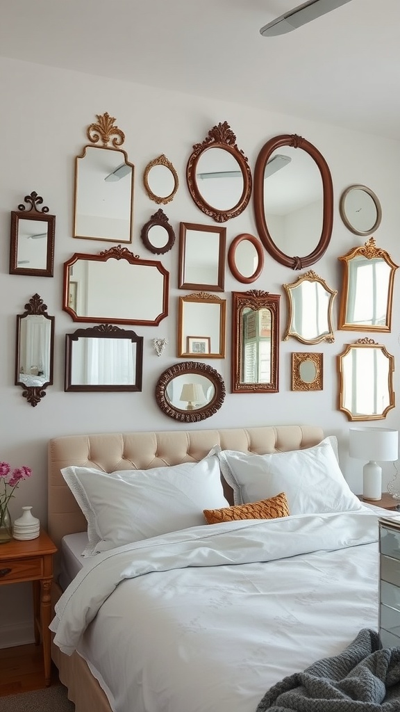 Collection of vintage mirrors arranged on a wall above a bed