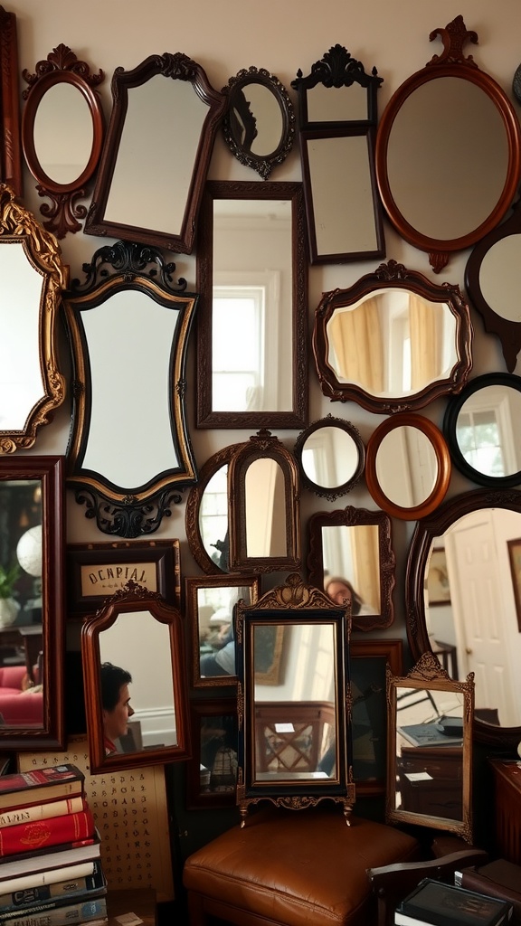 A collage of vintage mirrors in various shapes and sizes arranged on a wall