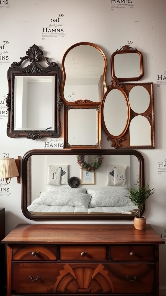 A collection of vintage mirrors arranged decoratively on a wall above a wooden dresser.