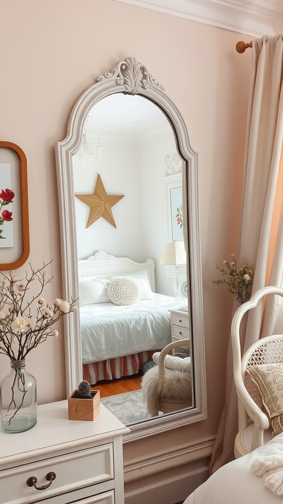 A vintage mirror reflecting a soft girl bedroom with light colors, a star decoration, and cozy furnishings.
