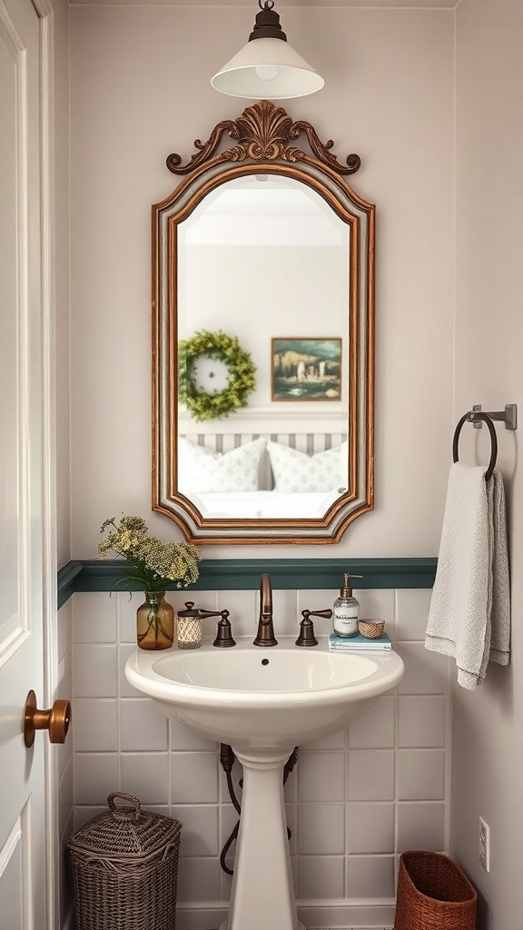 A vintage mirror with an ornate frame above a white sink in a cozy cottage bathroom.