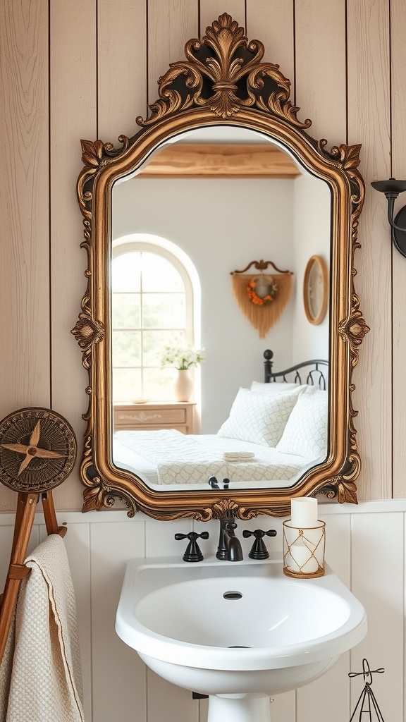 A vintage ornate mirror with a gold frame above a white sink in a cozy bathroom setting.