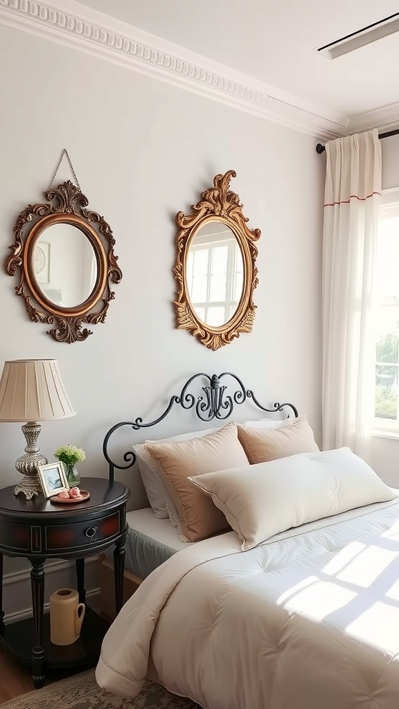 A cozy bedroom featuring vintage mirrors on the wall, a stylish bed, and a bedside table.