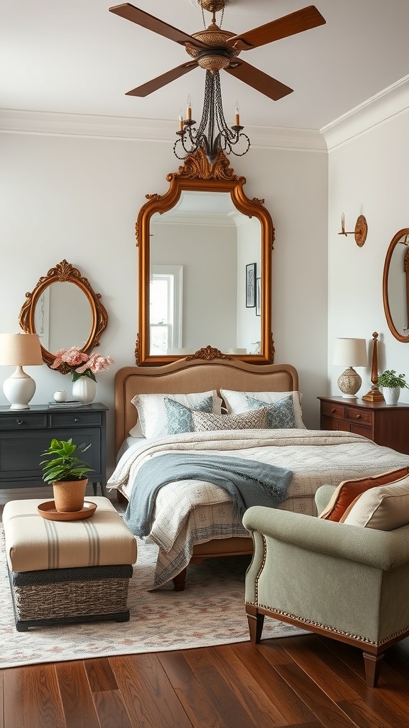 A cozy living room featuring a large vintage mirror above a bed, with warm tones and elegant decor.