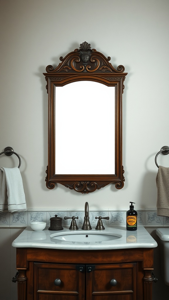 Vintage wooden mirror above a sink in a rustic bathroom