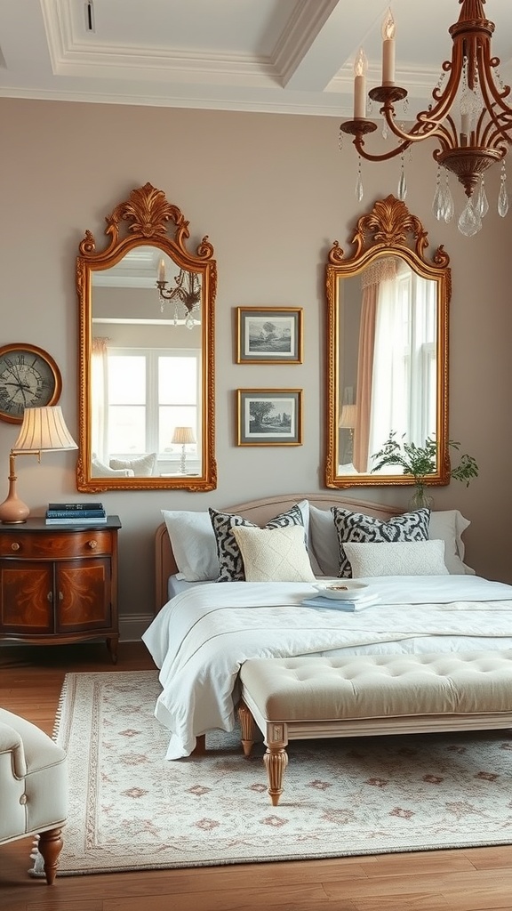 A cozy bedroom featuring two vintage mirrors with ornate golden frames, a chandelier, and a neatly made bed.
